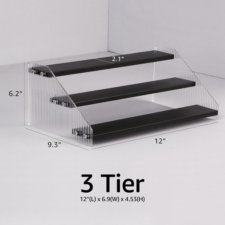 nianfeng Tiered Spice Rack, 3-Tier Spice Pantry Kitchen Cabinet Organizer, 12-Inch, Natural Wood Acrylic Stair Riser Stand, Countertop Seasoning Shelf (Black)