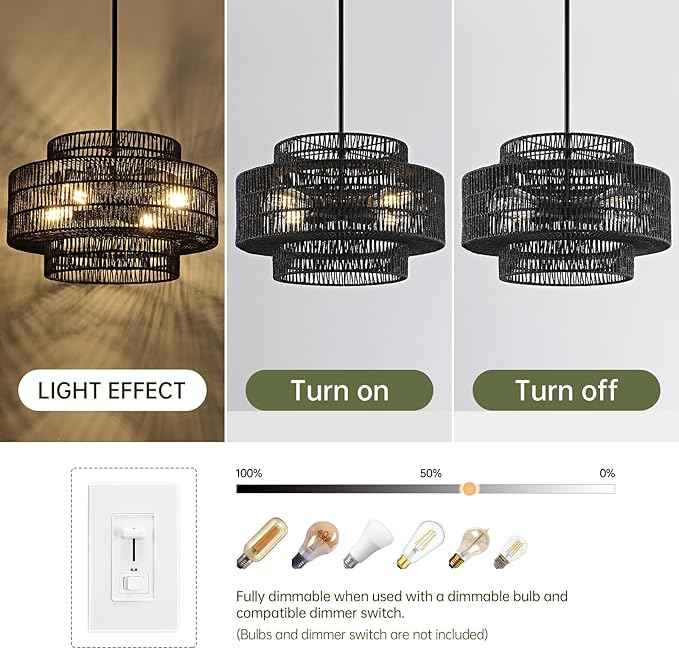 4-Light Black Boho Rattan Chandelier Light Fixture, 17.7” Hand Woven Rustic Chandeliers Farmhouse Chandelier Hanging Light for Dining Room Kitchen Island, Living Room, Foyer