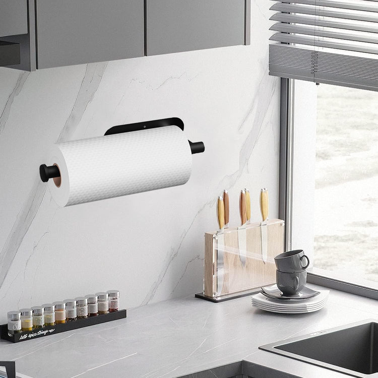 Self Adhesive or Drilling Paper Towel Holder Under Cabinet,Black Stainless Steel Hanging Paper Towel Holder Wall Mount for Kitchen Paper Towel,Under Counter Paper Towel Roll Rack for Home,Bathroom,RV