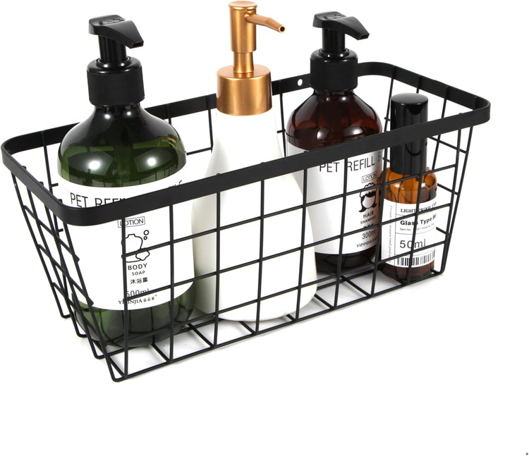 LeleCAT Hanging Kitchen Baskets, Wall-Mounted Basket for Storage Organization Rustic Farmhouse Decor, No Drilling Adhesive Basket for Cabinet Pantry Organization and Kitchen,4 Pack, Black