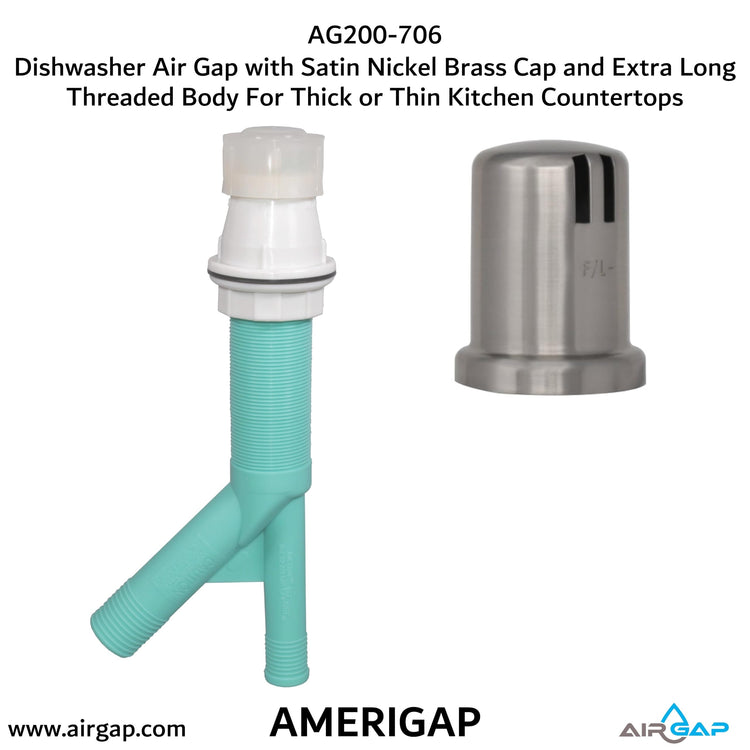 Dishwasher Air Gap with Skirted Satin Nickel Brass Cap and Extra Long Threaded Body for Thick or Thin Kitchen Countertops