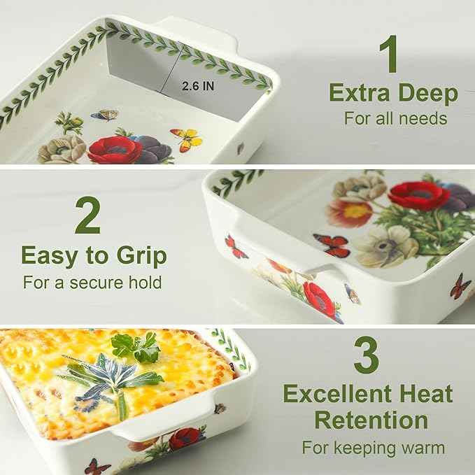 Ceramic Papaver rhoeas Baking Casserole Dish with Handles, Large 2 pieces 8x13 inch & 6x10 inch Lasagna Baking Dish and Middle Flower Andplant Baking Pan,Porcelain Serving Bakeware Set
