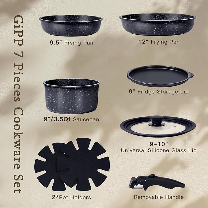GiPP Ceramic Pots and Pans Set Non Stick, Nonstick Detachable Handle Cookware Sets, Healthy Non Toxic PFAS PFOA & PTFE Free, Dishwasher &Oven Safe, Induction Kitchen Pot and Pan, 8 Piece Grey