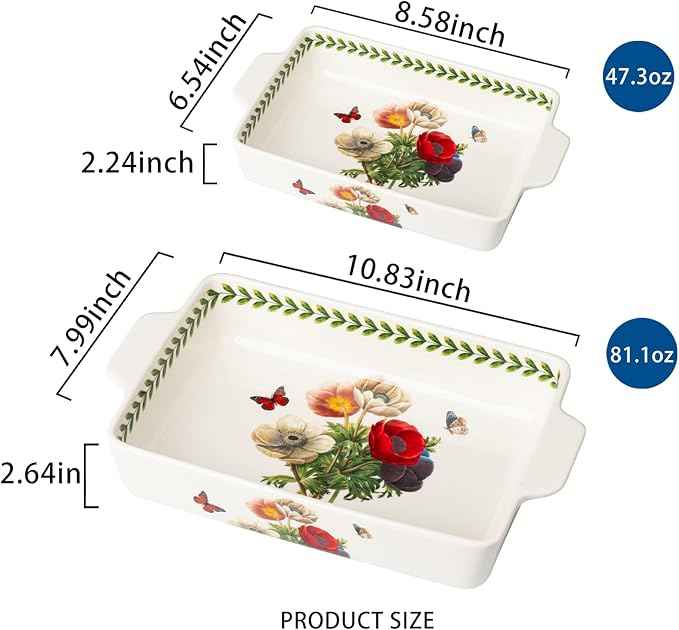 ONCCI In-Glaze Ceramic Baking Dish Set of 2 - Rectangular with Handles,Single Serving Size Casserole dishes 10.8*7.99in & 8.58*6.54inch Sizes - Oven Safe for Cooking, Baking, Casseroles - Dishwasher Safe(Corn Poppy)
