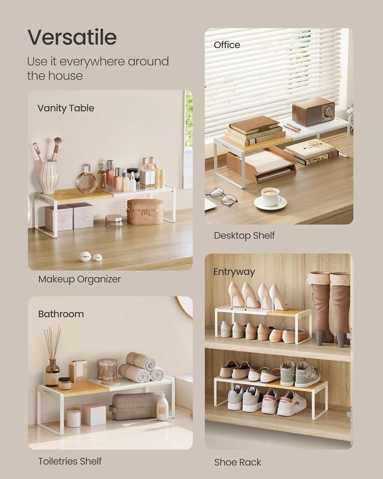 SONGMICS HOME Spice Rack, Expandable Cupboard Shelf Orgnizer, Kitchen Counter Shelf, Bamboo and Metal, Space-Saving Shelving, Stackable, Light Bamboo and Cream White UKCS052W01