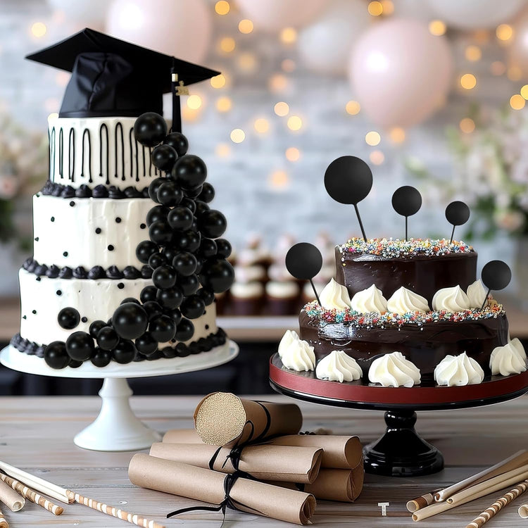 48 Pcs Balls Cake Topper Decorations Balloon Cupcake Toppers Foam Cake Topper Balls Cake Balls Decorations for Birthday Party Wedding Anniversary Cake Decorating (Black)