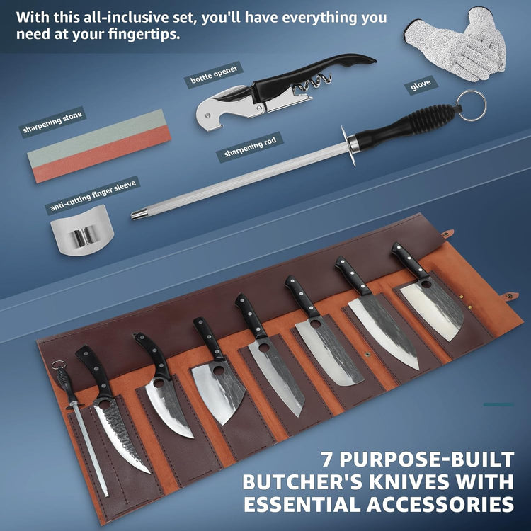 TIVOLI Butcher Knife Set for Meat Cutting, 13Pcs Upgraded High Carbon Steel Hand Forged Kitchen Knife Set with Roll Bag, Viking Chef Knife Set for Kitchen Outdoor BBQ