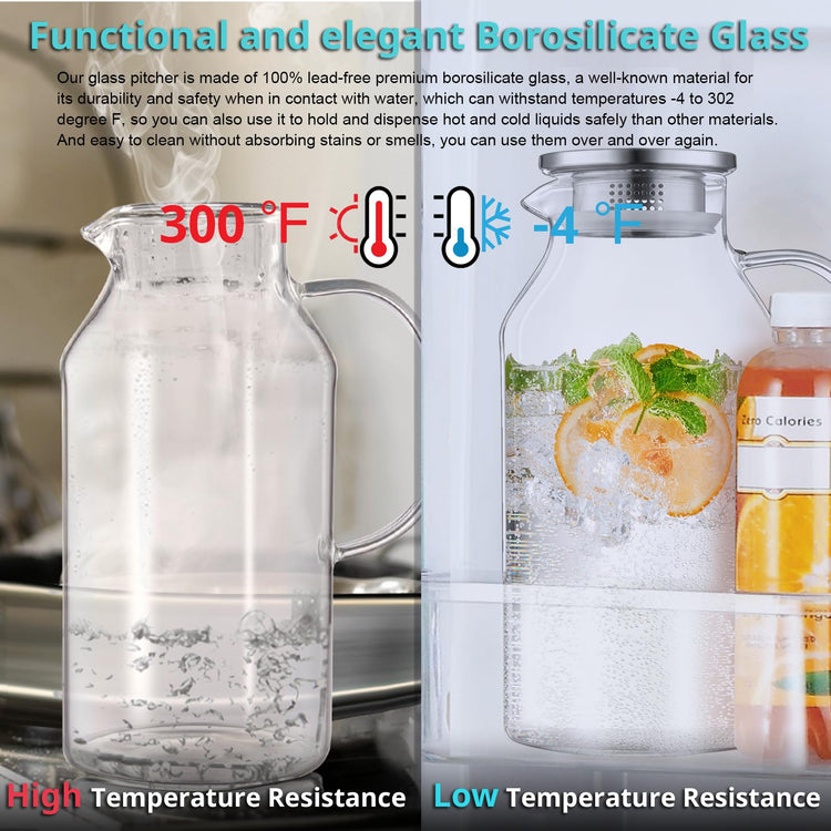 2.6 Liter 88 oz Glass Pitcher with Lid and Handle