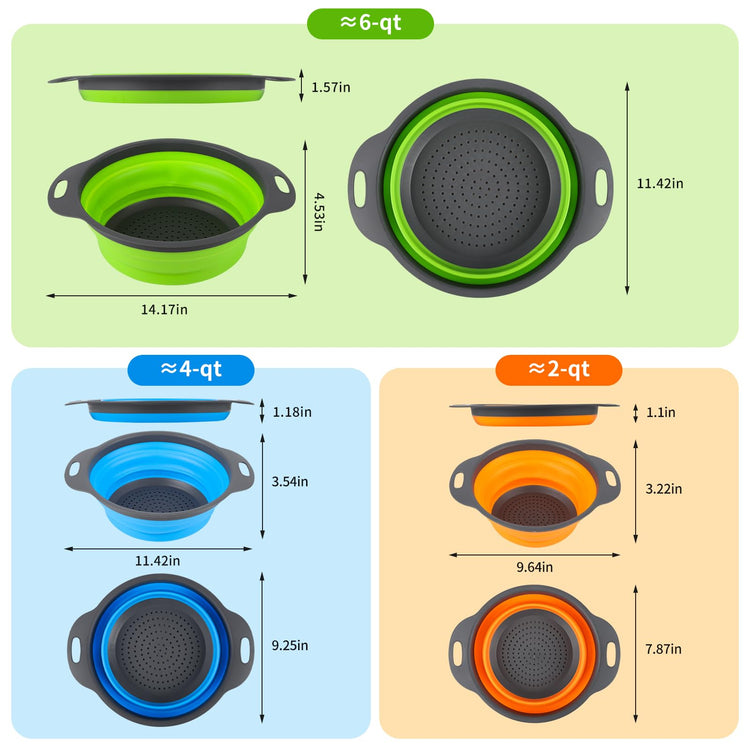 Tri Color Silicone Collapsible Colander Set (3 Count)
