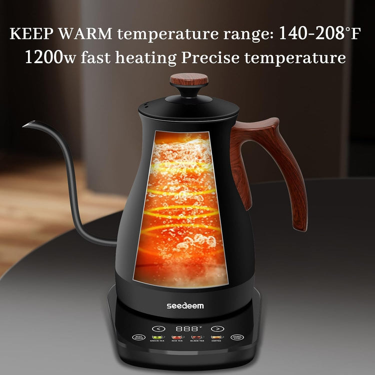SEEDEEM Gooseneck Electric Kettle Full Touch Screen 1200W Electric Tea & Coffee Kettle with Four Heating Modes Rapid Heating,±1℉ Temperature Control,Keep Warm Mode,1L Electric kettle