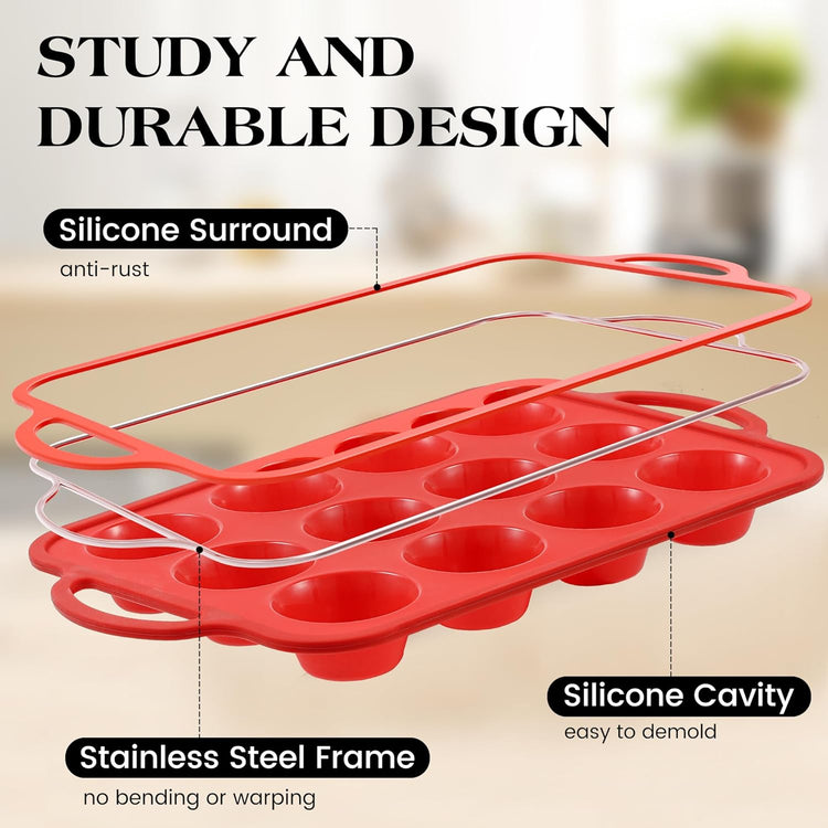3 Pcs Silicone Baking Pan Set - Including 1 Pc Mini Loaf Pan, 1 Pc Standard Muffin Pan and 1 Pc Mini Muffin Pan - Silicone Cupcake Molds With Metal Reinforced Frame (Red)