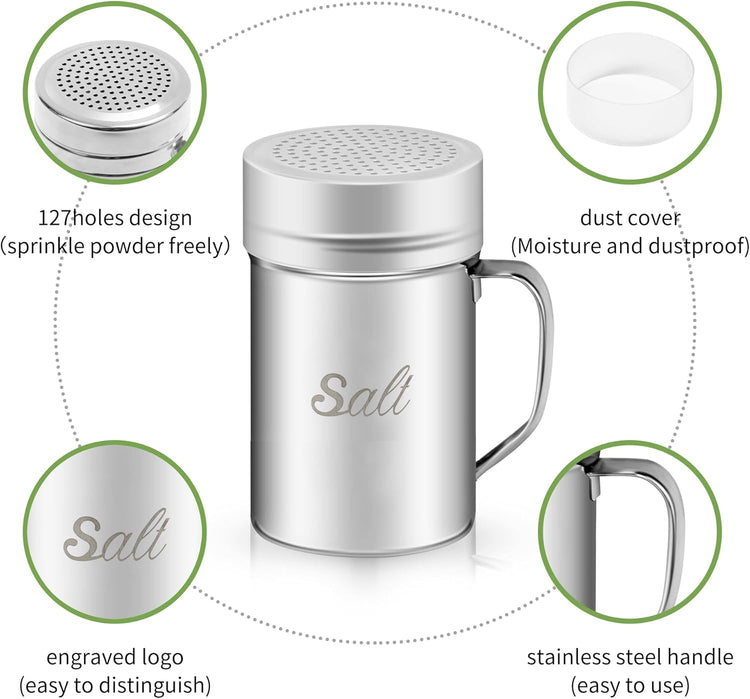 Stainless Steel Salt and Pepper Shakers Set, 14 OZ Seasoning Spice Shaker with Lid and Handle 127 Holes, Metal Dredge Shaker for Powder Sugar Cooking Kitchen Baking (2 Pieces)