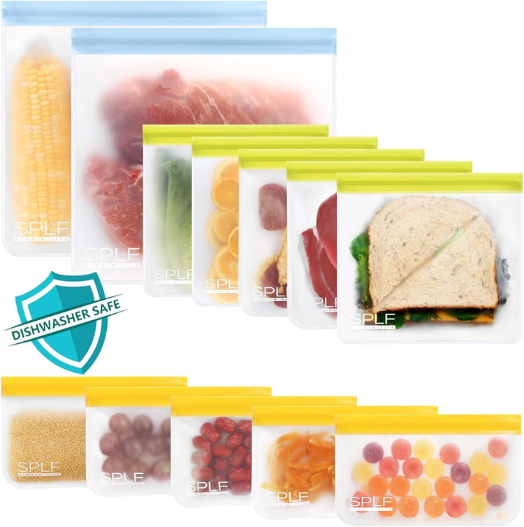 SPLF 12 Pack Dishwasher Safe Reusable Bags Silicone, Leakproof Reusable Freezer Bags, BPA Free Reusable Storage Bags for Lunch Marinate Food Travel - 2 Gallon 5 Sandwich 5 Snack Bags
