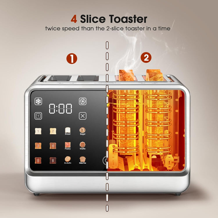 4 Slice Toasterā Dual Digital Smart TouchScreen & Independent Control Panel | Single-Slot Tech, Timer/Reheat/Defrost for Bagels, Bread | 1800W Stainless Steel, 6 Toast Types & Shade Settings