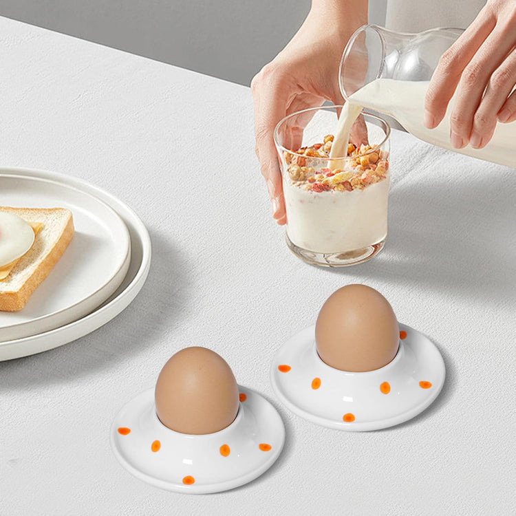 Cinf Ceramic White Egg Holder Set of 2 Porcelain Holder Breakfast Boiled Cooking Easy to Clean Childhood Memories Kitchen(Orange Dot)
