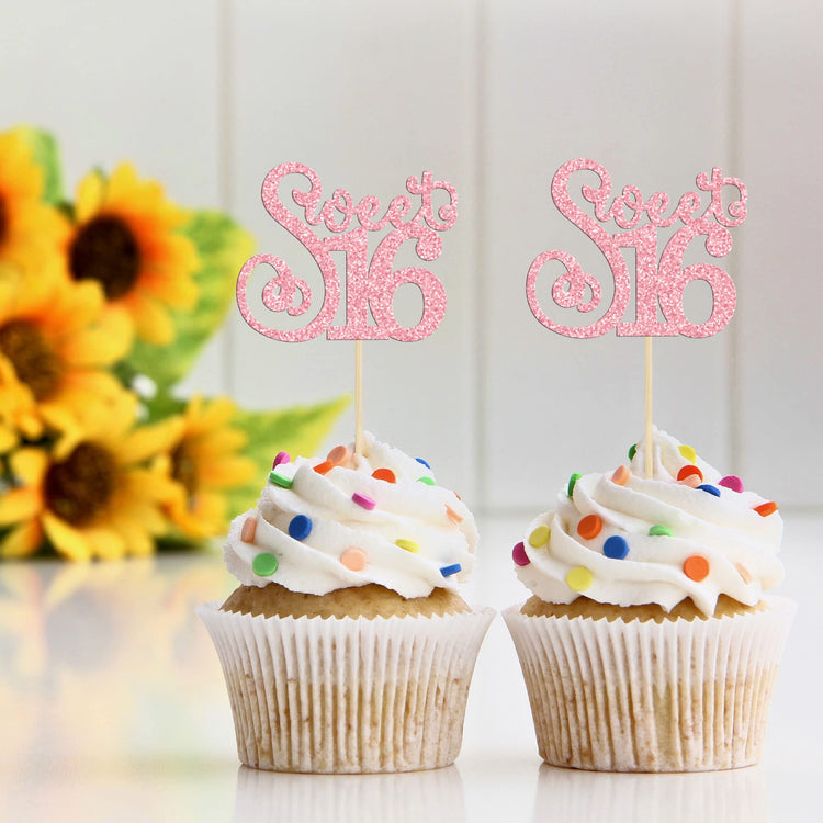 24 Pack Happy Sweet 16 Cupcake Toppers Glitter Sixteen 16th Birthday Cupcake Picks Cheers to 16 Years Old Cupcake Decorations for 16th Birthday Anniversary Party Cake Decorations Supplies Pink (24 Count)