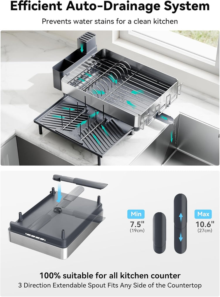 SUNLY Large Dish Drying Rack, Expandable Dish Racks for Kitchen Counter, Space Saving 304 Stainless Steel Drying Rack Kitchen, Extra Large Drainer with Multifunctional Flip Up Pegs, Gray