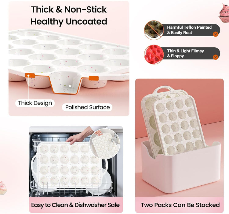 Muffin Pans With Metal Reinforced Frame - 24 Cups Durable Silicone Baking Pan for Muffins, Cupcakes, BPA Free and Dishwasher Safe - Beige with Rainbow Spots, Set of 2