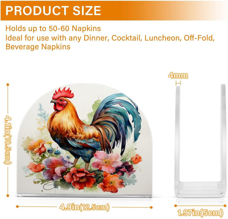 Rooster and Flower Napkin Holder for Table Paper Napkins Holder Acrylic Tissue Dispenser Kitchen Dining Room Bathroom Party Car Decor