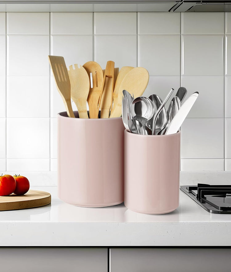Set of 2 Utensil Holder, 7"+5" Ceramic Kitchen Utensil Holder for Countertop, Large Cooking Utensil Crocks for Counter, Morden Utensil Organizer for Spatula, Kitchen Decor (Red)