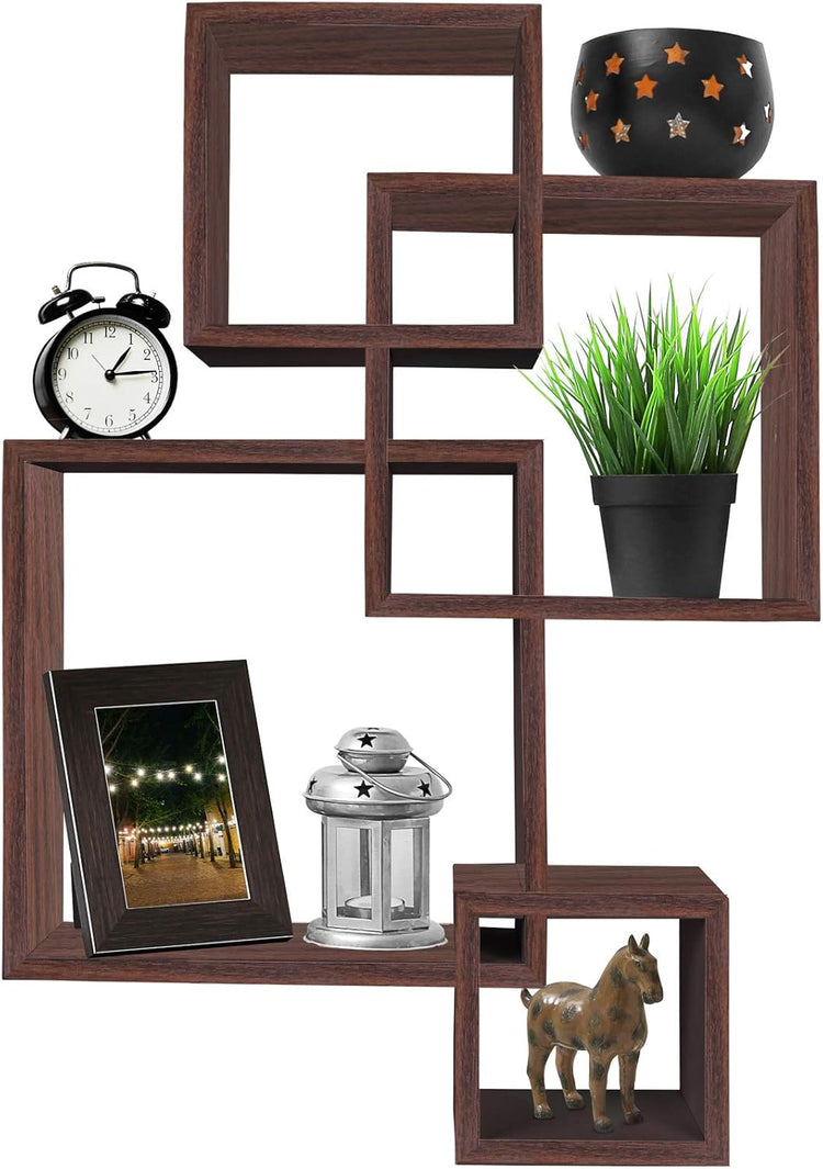 Greenco 4 Cube Intersecting Shelves, Easy-to-Assemble Floating Wall Mount Shelves for Bedrooms and Living Rooms, Walnut Finish