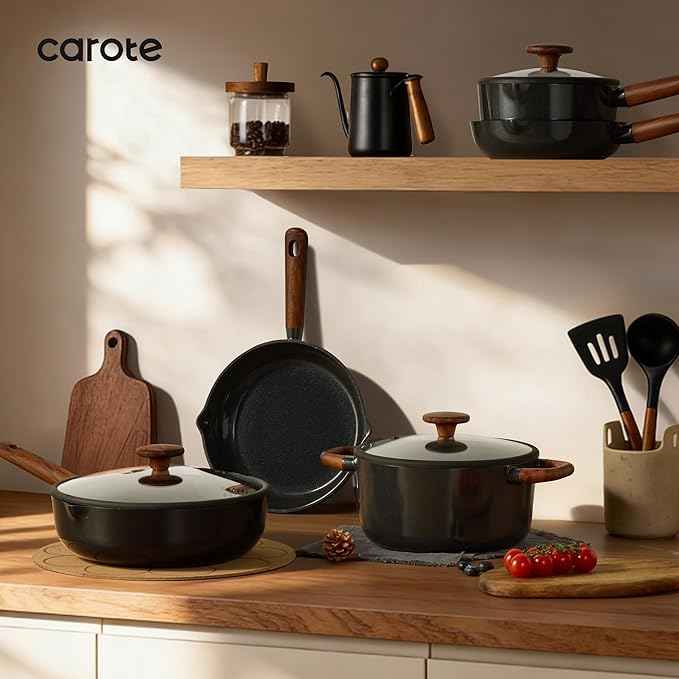 CAROTE ceramic cookware set,nonstick pots and pans,14PCS Non Toxic Healthy Non Stick Kitchen Cooking Pots and Frying Pans Set, PFAS PTFE Free