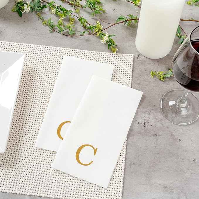 Luxenap 15.8 X 7.9 Inch Linen-Feel Guest Towels, 2000 Lettered Hand Towels - Gold Letter 'C', Sans Serif Font, White Paper Dinner Napkins, airlaid, For Restrooms And Tables - Restaurantware