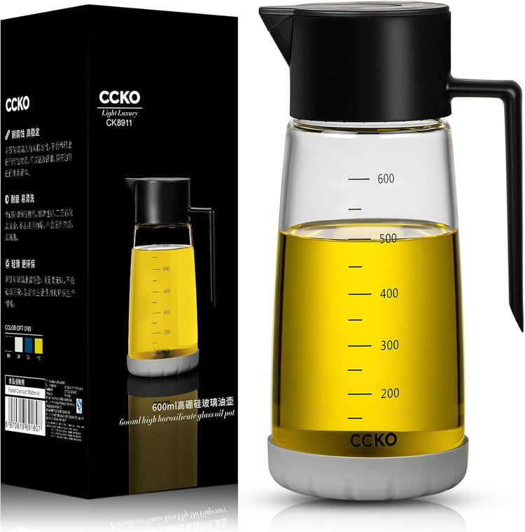 Olive Oil Dispenser Bottle for Kitchen with Leakproof and Dust Cover, Auto-Open & Close Glass Olive Oil Bottle with Non-Slip Bottom 600ml Cooking Oil and Vinegar Cruet Dispenser (Black)