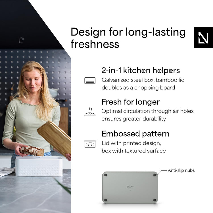 Bread Box I Metal Box for long lasting freshness I Bread Bin with bamboo lid usable as cutting board I 13.4x7.7x5.3In