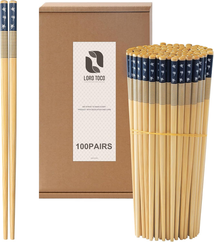 100 Pairs Bamboo Chopsticks Reusable | Dishwasher Safe | Durable | Separated | Bulk | Non slip | - (9.45in)