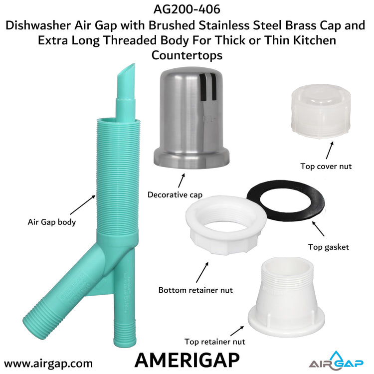 Dishwasher Air Gap with Skirted Brushed Stainless Steel Brass Cap and Extra Long Threaded Body for Thick or Thin Kitchen Countertops