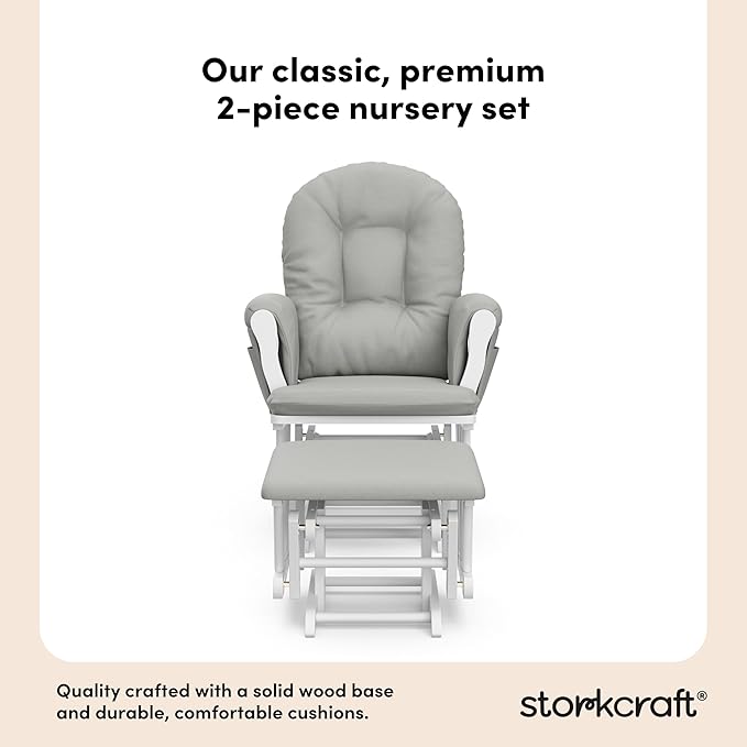 Storkcraft Premium Hoop Glider & Ottoman (White/Light Gray) — GREENGUARD Gold Certified Nursery Glider, Solid Wood Craftsmanship, Smooth-Gliding Nursery Chair and Ottoman, Award-Winning