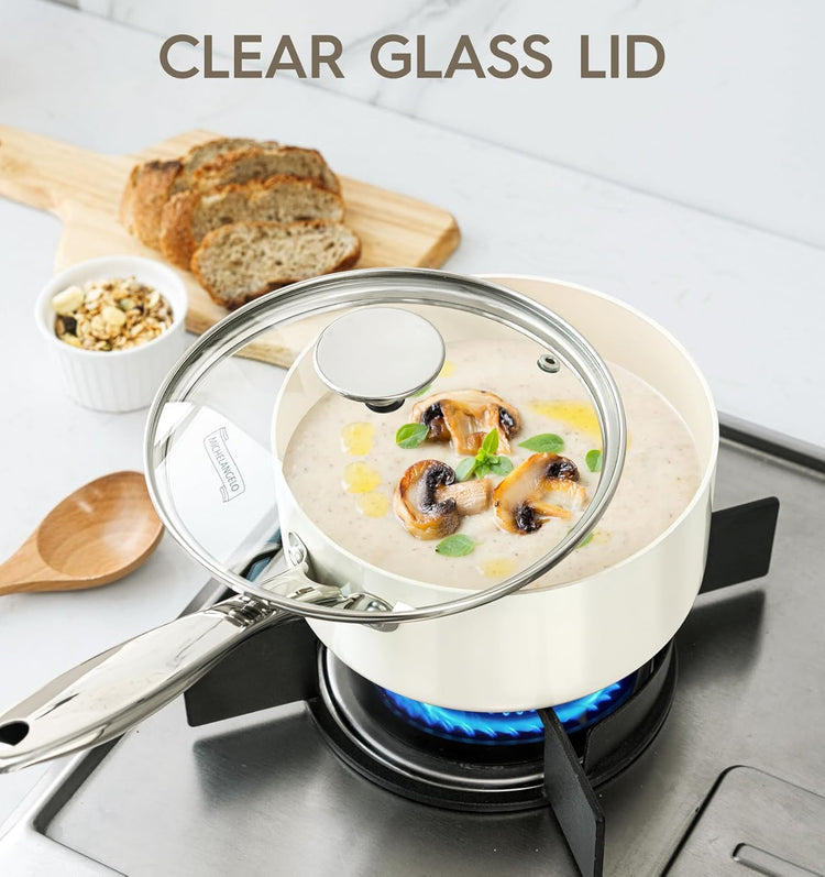 MICHELANGELO 1 Quart Saucepan with Lid, Nonstick Sauce Pan with Non-Toxic Ceramic Coating, Cream Sauce pan, 1 Qt Saucepans, Oven Safe - Nestoria