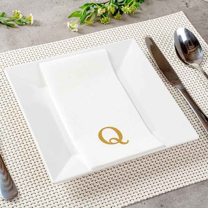 Luxenap 15.8 X 7.9 Inch Linen-Feel Guest Towels, 50 Lettered Hand Towels - Gold Letter 'Q', Sans Serif Font, White Paper Dinner Napkins, airlaid, For Restrooms And Tables