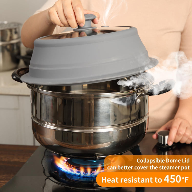 Collapsible Microwave Splatter Lid with Vented Tempered Glass Cover Wok Lid for Microwave Safe, Stockpot Steamer Pot Pan 10.5-11 inch Universal Multifunction Silicone Cover