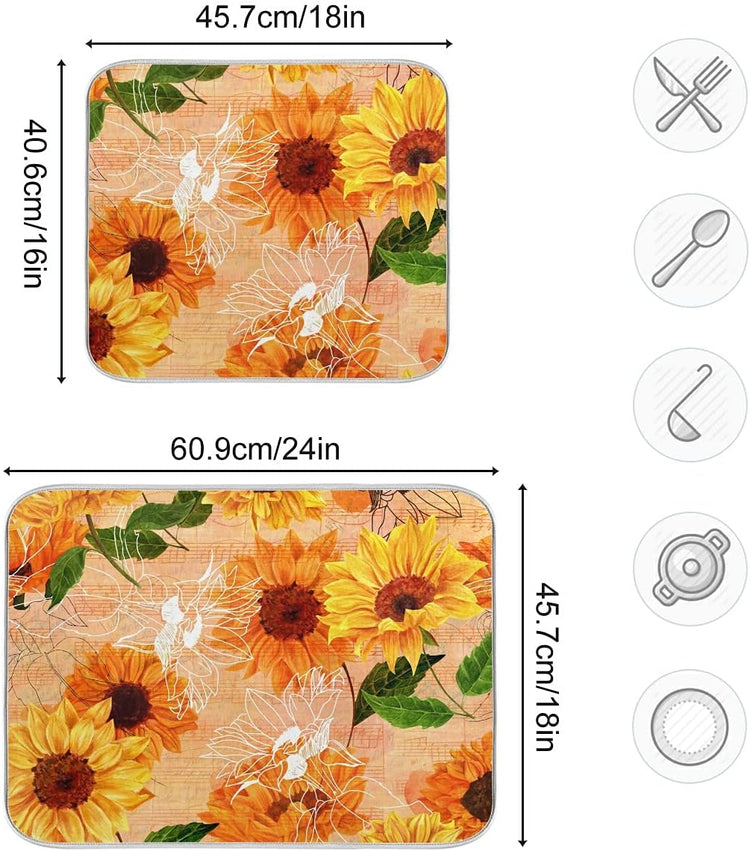 Super Absorbent Dish Drying Mat, Microfiber Fast-Drying Dish Mat, 16" x 18", Kitchen Dish Drying Pad, Watercolor Sunflowers