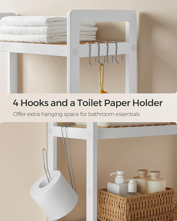 SONGMICS Over The Toilet Storage, 3-Tier Over Toilet Bathroom Organizer with Adjustable Shelf, 10.2 x 24.8 x 66.9 Inches, Space-Saving, Cloud White and Natural Beige UBTS001W02