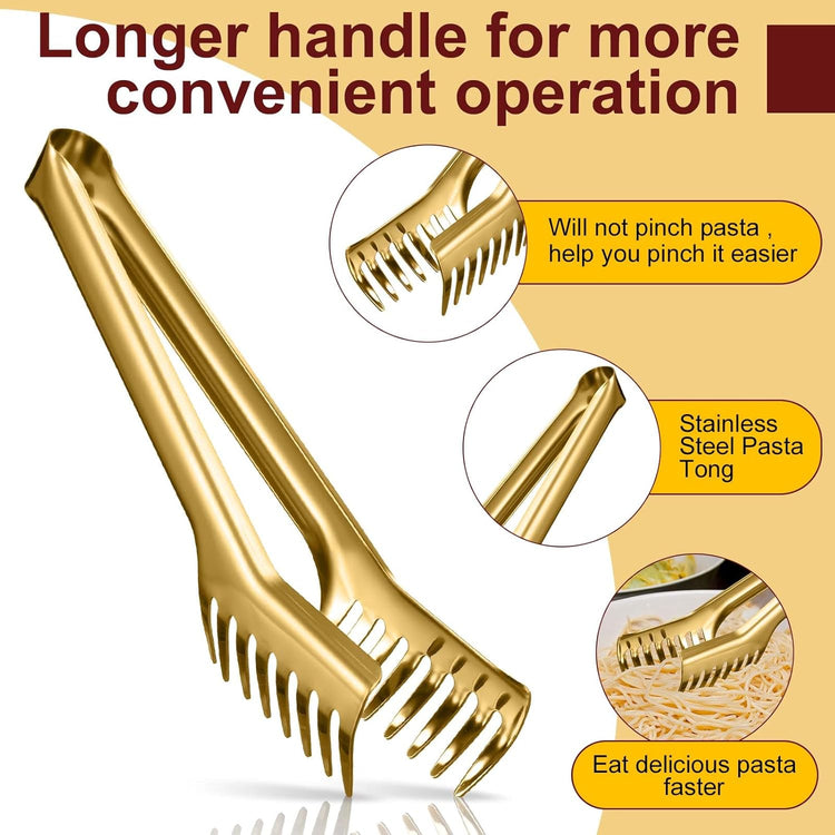Patelai 2 Pcs Stainless Steel Pasta Spoon with Teeth Large Spaghetti Utensil, 9.4'' Tong and 13.6'' Pasta Fork with Vacuum Handle, Comfortable Grip Design Spoons for Kitchen