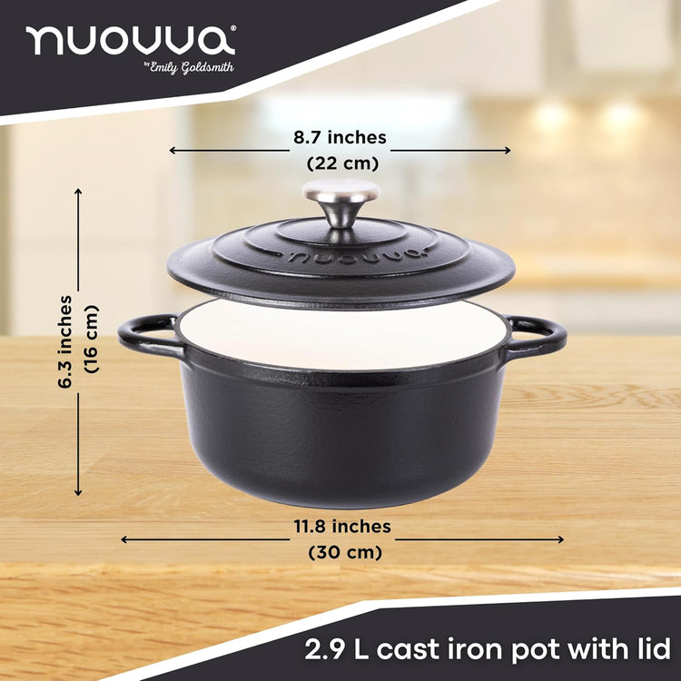 Cast Iron Dutch Oven with Lid – Non-Stick Ovenproof Enamelled Casserole Pot – Sturdy Dutch Oven Cookware – Black, 3.1-Quart, 22cm – by Nuovva - Nestoria