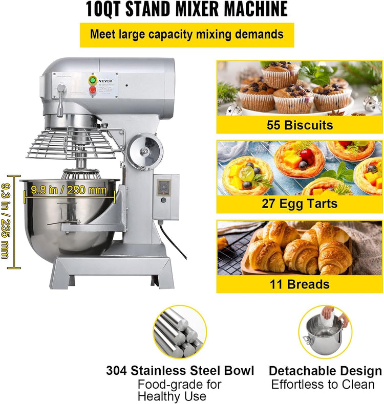 Happybuy 10Qt Commercial Food Mixer with Timing Function, Commercial Mixer 500W Stainless Steel Bowl Heavy Duty Electric Food Mixer Commercial with 3 Speeds Adjustable, Perfect for Bakery Pizzeria
