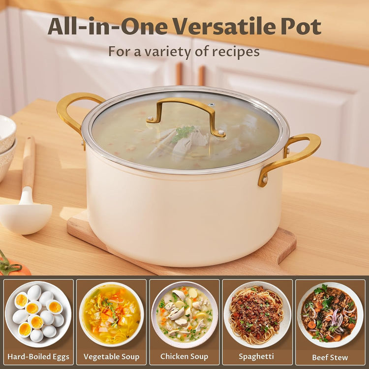 BEZIA 10 Quart Cooking Pot with Ceramic Coating, Non-Stick Stock Pot with Tempered Glass Lid, Large Soup Pot with Stainless Steel Handle, Induction Compatible Stockpot, Dishwasher Safe, Cream