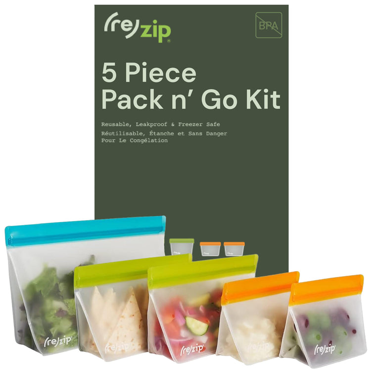 re) zip 5-Piece Stand-Up Pack n Go Reusable Bag Kit, BPA-Free, Food Grade, Leakproof, Freezer and Dishwasher Safe, Quart (1), 2-Cup (2), Snack (2) - Multicolor