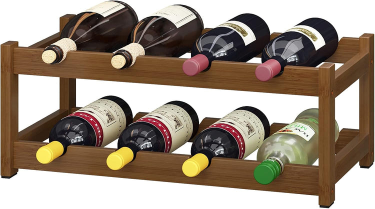 BAMEOS Bamboo Wine Rack, 2 Tier Wine Racks Countertop Storage, Wine Bottle Holder Wine Rack freestanding Floor for Kitchen, Bar, Pantry, Wine Cellar, Basement,Study,Maroon (16.85 L x 9.25W x 7H)