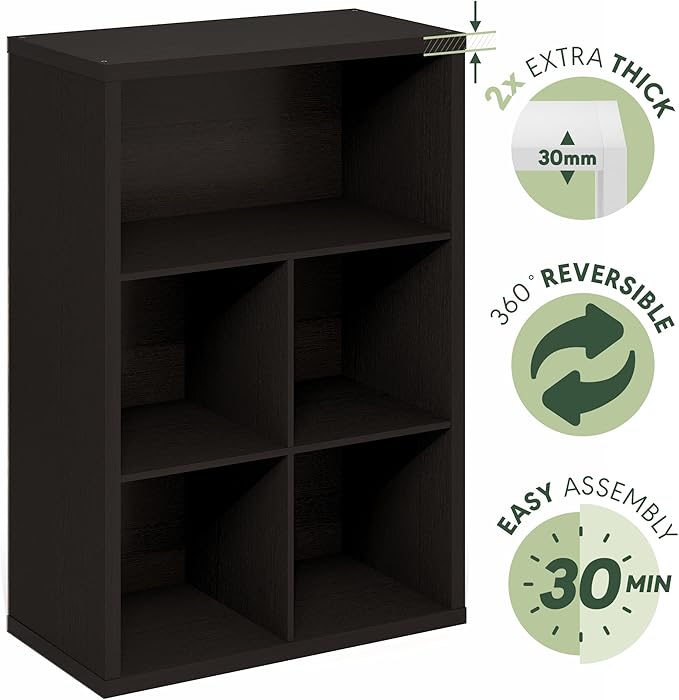 Furinno Cubicle Book Shelf, 5-Cube Bookshelf, Extra Thick Frame Cube Storage Organizer Bookcase with Closed Back, 15.3 x 29.9 x 43.3, for Living Room, Bedroom, Home Office, Black Dark Oak