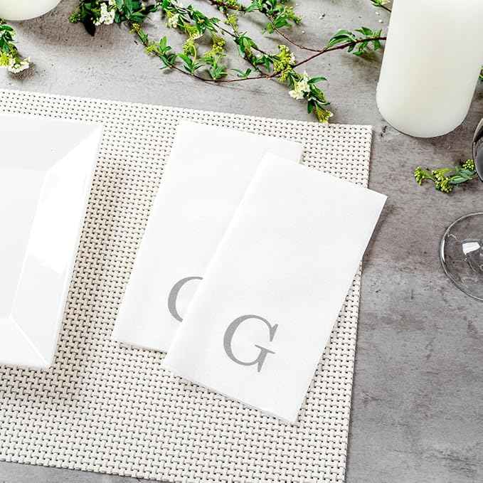 Luxenap 15.8 X 7.9 Inch Linen-Feel Guest Towels, 50 Lettered Hand Towels - Silver Letter 'G', Sans Serif Font, White Paper Dinner Napkins, airlaid, For Restrooms And Tables - Restaurantware