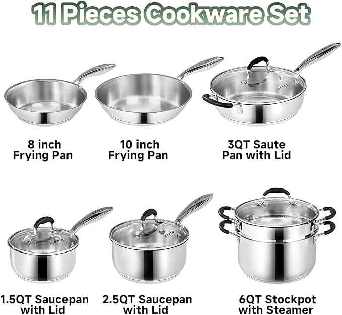 Stainless Steel Kitchen Cookware Set,11 Piece Pots and Pans Set with Steamer,Heat-resistant Handle,Non-Toxic,Induction,Oven,Dishwasher Safe