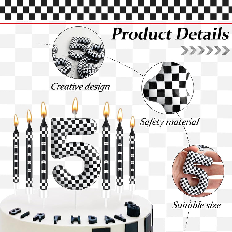 13 Pcs Racing Cars Themed Birthday Candles Black and White Race Number 5 Checkered Candle Cake Topper for Racing Car Party Decoration Supplies (Number 5)