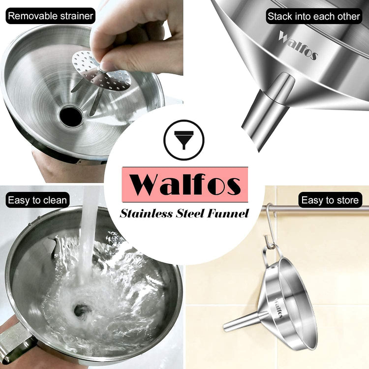 Stainless Steel Funnel, Walfos Kitchen Funnel with 2 Removable Strainer & 1Pc Cleaning Brush, Perfect for Transferring of Liquid, Oils, Jam, Dry Ingredients & Powder (4.1")