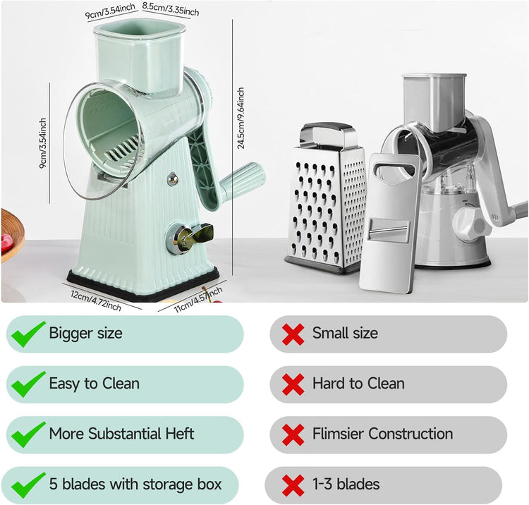 Rotary Cheese Grater, Vegetable Shredder 5 in 1 Cheese Grater with Handle edder Reinforced Suction,Easy to Clean,Kitchen Chopper for Crushed Ice,Fruits and Nuts with Blade Storage Case(Green)