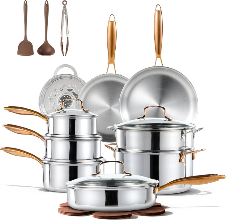 CAROTE 23pcs Tri-Ply Stainless Steel Cookware Set, Pots and Pans Set, Non Stick Induction Kitchen Cooking Sets, Nonstick Cookware Collection, Mirror Polish, Silver